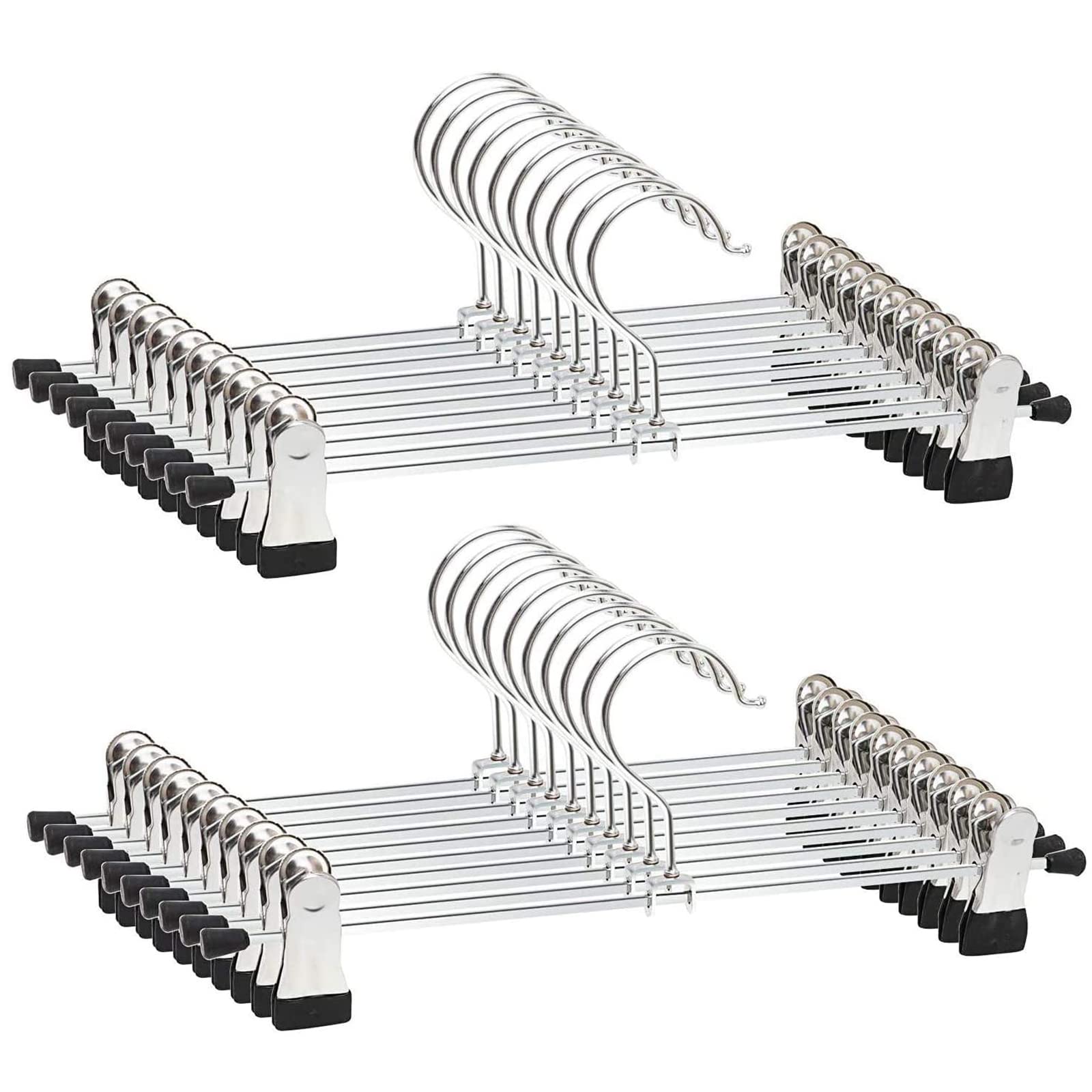 Trouser Hangers, 20 Pack Skirt Hangers with Adjustment Metal Grip Clips, Pant Hangers for Kids Adults, Heavy Duty Durable Space Saving, Silver