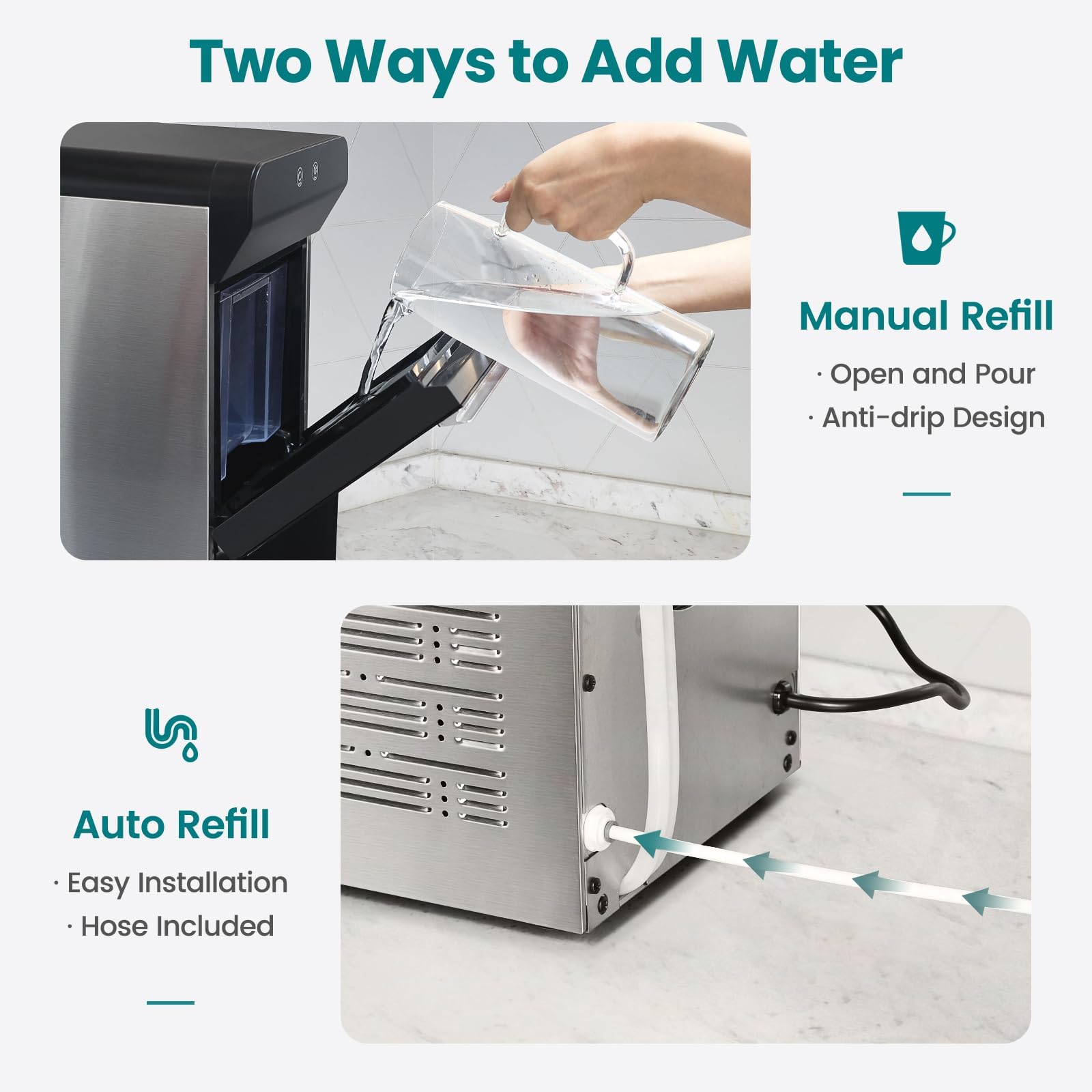 Gevi Household V2.0 Countertop Gemi Nugget Ice Maker Open and Pour Water Refill | Stainless Steel Housing | Fit Under Wall Cabinet | White
