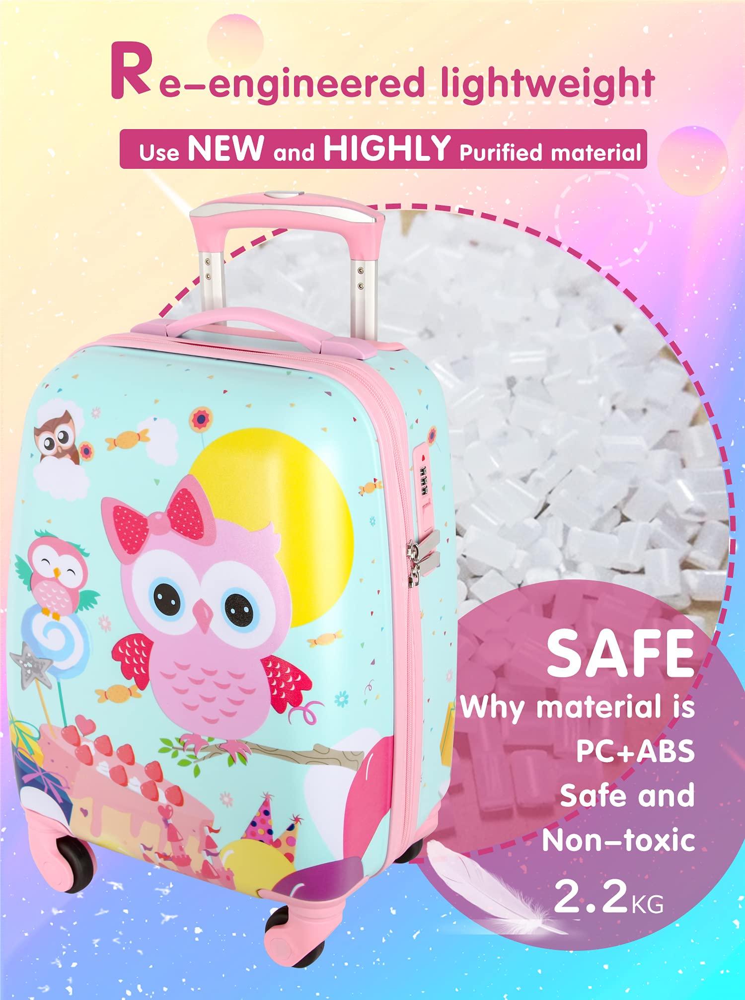 Lttxin Cute Kids Suitcase Pull Along Travelling Luggage With 4 Wheel for Girl Hard Shell 18 inch Owl
