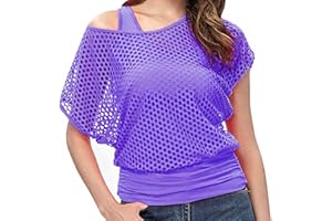 Women's Casual Sexy 80s 90s Outfits Neon Costumes Off Shoulder T-Shirt, Fishnet Mesh Crop Tank Tops