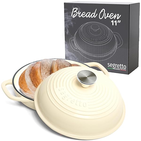 ENAMELED CAST IRON BREAD PAN WITH LID, 11” BIANCO PERLA (WHITE) BREAD OVEN CAST IRON SOURDOUGH BAKING PAN, DUTCH OVEN FOR BREAD – SEGRETTO COOKWARE