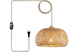 Hchunqjor Bamboo Plug in Pendant Light with 14ft Handmade Woven Light Cord, Dimmable Switch, Boho Basket Hanging Lamp for Bedroom Kitchen Island Decor Farmhouse Living Room