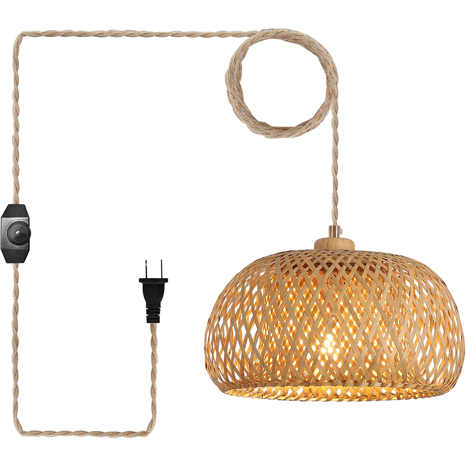 Photo 1 of Hchunqjor Bamboo Plug in Pendant Light with 14ft Handmade Woven Light Cord, Dimmable Switch, Boho Basket Hanging Lamp for Bedroom Kitchen Island Decor Farmhouse Living Room