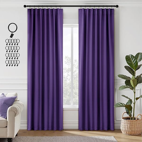 ANRODUO ROD POCKET AND BACK TAB PLEATED BLACKOUT CURTAINS PURPLE CURTAINS 90 INCHES LONG 2 PANELS, THERMAL INSULATED ROOM DARKENING LIVING ROOM BEDROOM CURTAIN, 42X90 INCHES