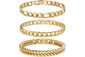 UHIBROS 316L Stainless Steel Chain Bracelet for Men Women, 18K Gold Sturdy Metal Link, Silver Black Cuban/Figaro/Paperclip/Rope Fashion Jewelry Set for Dad, Boyfriend, Husband, Girlfriend