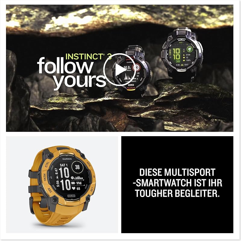 Instinct 3 50mm SOLAR – GPS-Multisport-Smartwatch, 1,1" Display, bis zu 40 Tage Akkulaufzeit, 80+ Sport-Apps, Navigationsfunktion, smarte Features, LED-Taschenlampe, wasserdicht