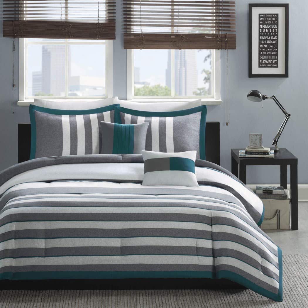 5 Piece Boys White Dark Teal Green Stripes Comforter Full Queen Set Horizontal Grey Striped Bedding Rugby Stripe Gray Pattern Nautical Themed Modern