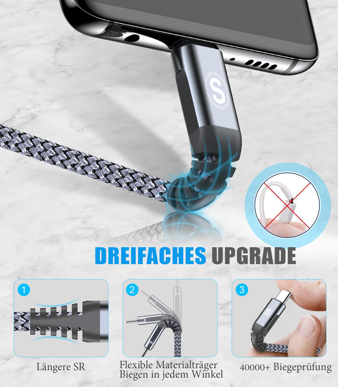 sweguard USB C Kabel 3.1A [2Stück 3m] Schnellladung, Ladekabel USB C Nylon für iPhone 15 16 Pro Max, Samsung Galaxy S24 S23 S22 S21 S20 S10 S9 S8 Plus,Note,A71 A55 A52 A51 A50 A15,Flip Pixel LG Moto 8
