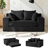55" Small Boneless Couch, 3-in-1 Boneless Loveseat Sleeper Sofa Bed Convertible Sofa Bed with 4 Pillows, Black Corduroy Boneless Couch for Living Room, Guest Room, Small Space, No Assembly Required