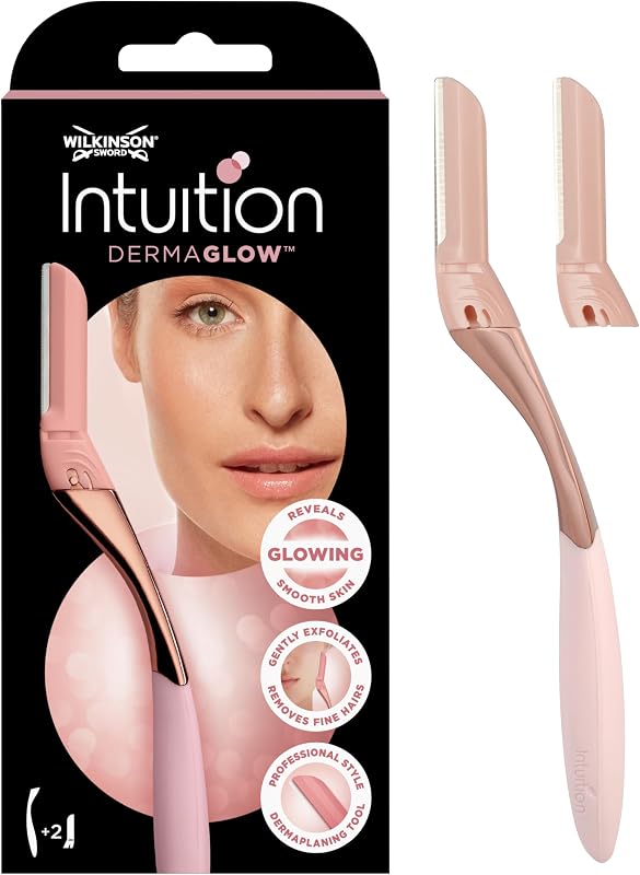 Intuition Dermaglow Razor para dermaplaning, ideal para esfoliar, modelar sobrancelhas, aparar e depilar pelos faciais, cor cor-de-rosa, 1 cabo e 2 recargas