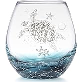 Sea Turtle Stemless Wine Glass, 19 Oz Ideal Unique Ocean Coastal Beach Gifts for Sea Turtle Lovers, Birthday Mother's Day Gifts for Party Women Man Mom Friends Co-worker (Crackle Teal)