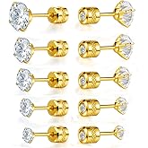 5 Pairs 316L Stainless Steel Screw Flat Back Earrings Cubic Zirconia Stud Earrings Titanium Earrings for Women Men