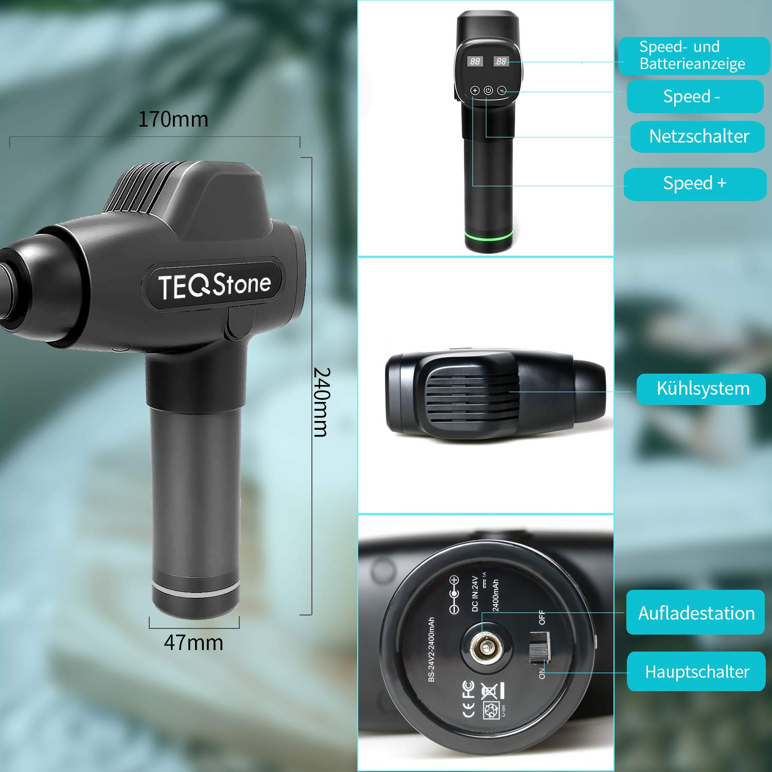 Massagepistole, TEQStone Massage Gun, Leise Massagegerät mit 20 Geschwindigkeitsstufen, bis zu 8 Stunden Akkulaufzeit, Handgehalten Tragbares Muskel Elektrisch Entspannen für Nacken Schulter Rücken