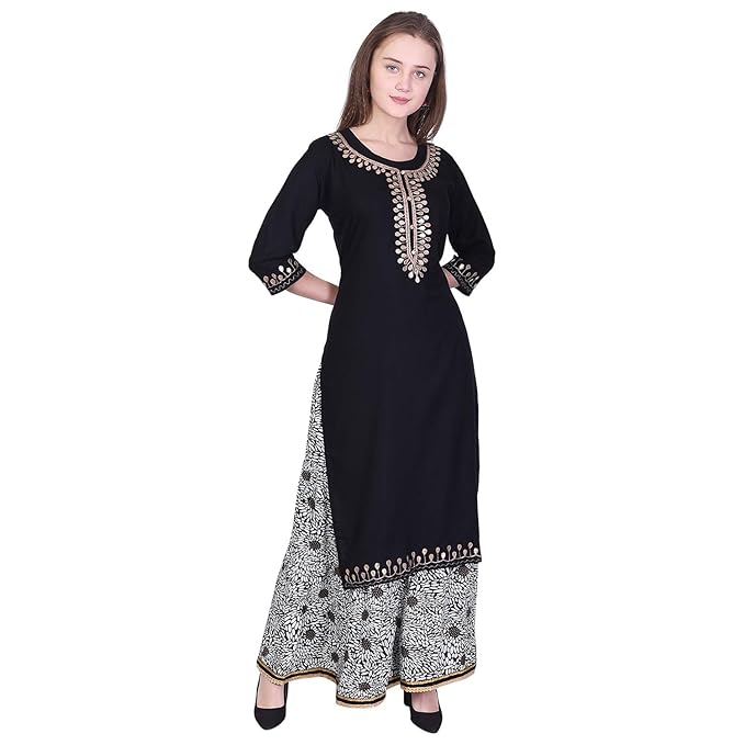 Women's Rayon Straight Gotta Work Black Kurti With Palazzo (AVC53_Black)