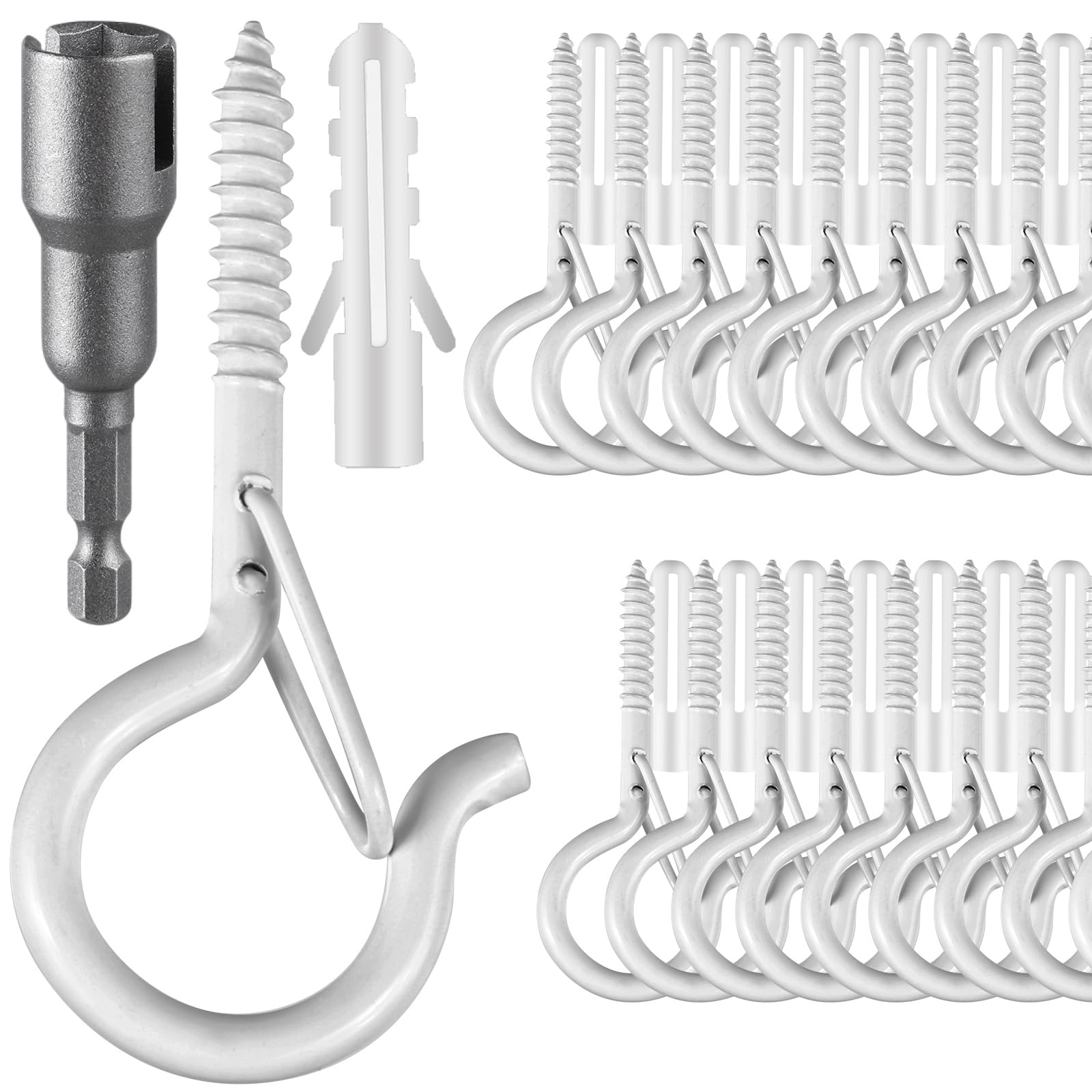 Photo 1 of 100 Pcs Screw-in Hooks for Outdoor String Lights, Q Hangers Hooks for Outside, Swivel Hanging Basket Patio Hook with Safe Buckle, Screw in Plant Eye Hook for Wall Ceiling with 1 Wing Nut Driver, White