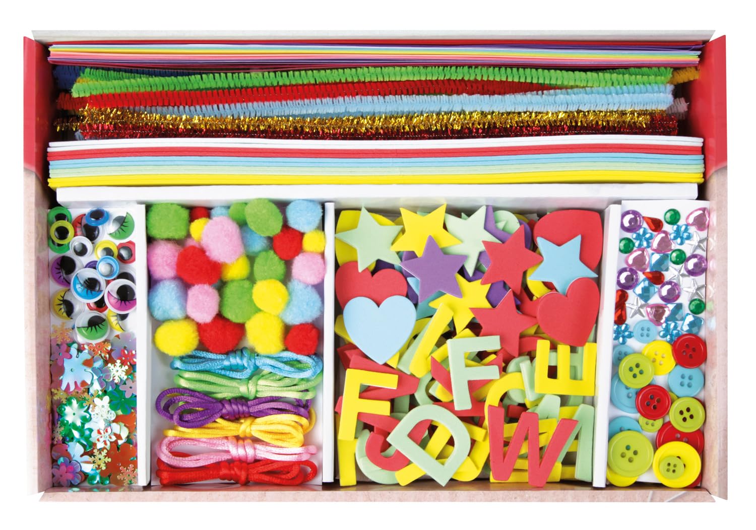 Lena Bastelkoffer mit 400 Teilen, Bastelset bestehend aus Papier, Moosgummi, Pfeifenreiniger, Strasssteine, Wackelaugen, Pompons und Knöpfe, Pink & Lila, geeignet für Kinder ab 5 Jahren 6