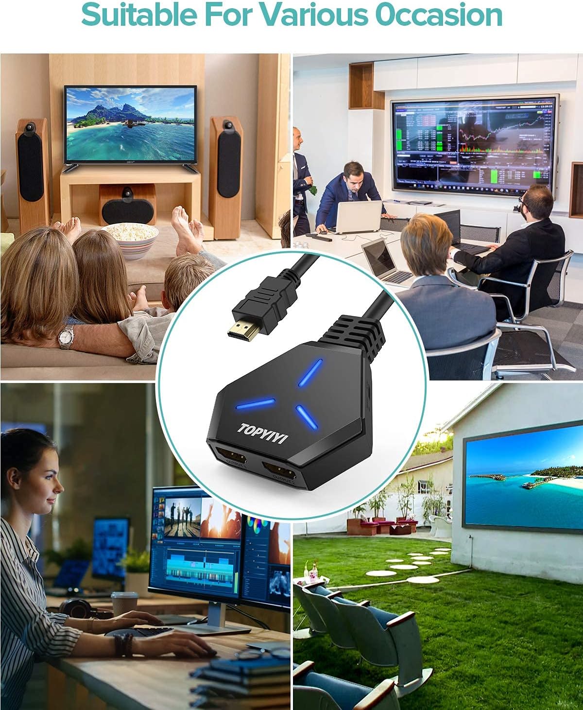 HDMI Splitter 1 in 2 Out, TOPYIYI 4K HDMI Splitter for Dual Monitors with Built-in High Speed Cable, HDCP1.4 Bypass, Supports 4K@30Hz 3D 1080P for Xbox PS4 PS3 Blu-Ray Player Fire Stick Cable Box: Home Audio & Theater