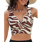 GRAPENT Bikini Tops for Women Cropped Tankini Tops Floral Printed Beach Padded Knot Twist Cut Out Bathing Suit Top Only