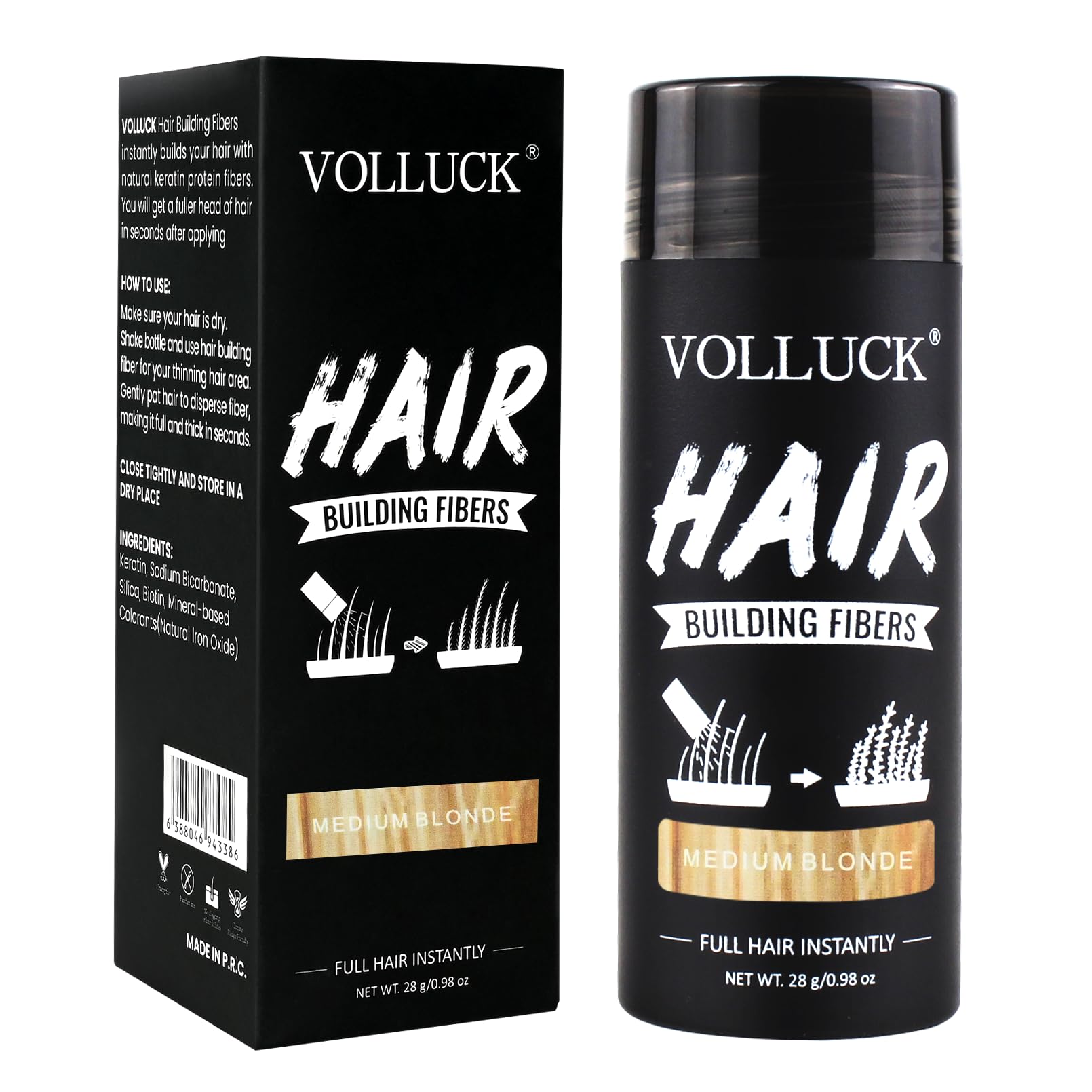 VOLLUCK Hair Fibres 28g – Instant Coverage for Thinning Hair – Creates a Naturally Fuller, Thicker Look – Lightweight, Natural Finish, Easy to Apply & Wash Off – For Men & Women (Medium Blonde)