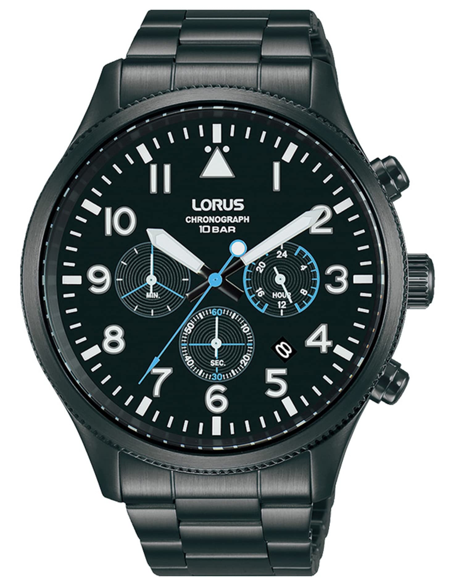 Lorus Mens Aviator Chronograph Watch with Black Stainless Steel Strap & Dial