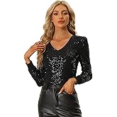 Allegra K Sparkly Sequin Top for Women's V Neck Party Metallic Blouse