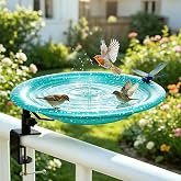 TIANCENTRAL H 11.5" Deck Mounted Birdbath &amp; Feeder Sky Blue Dots Yard Decor | White Dots Design,Adjustable Clamp,Detachable Bowl,Weatherproof Rustproof,No-Tool Setup, 2-in-1 Bath Feeder Gift
