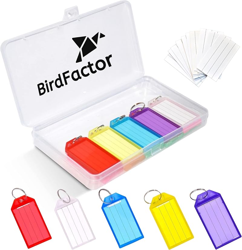 BirdFactor 25 Pack Heavy Duty Key Tags with Labels 5 Colours Plastic Box