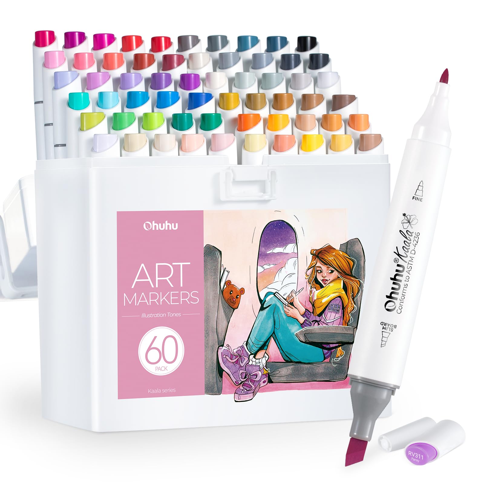 Ohuhu Markers, 60+1 Colours Seamless Blending Permanent Double Tipped Alcohol Marker Set Ink Refillable for Artists Adults Colouring Drawing Cartoon Anime Comic Characters - Kaala Series