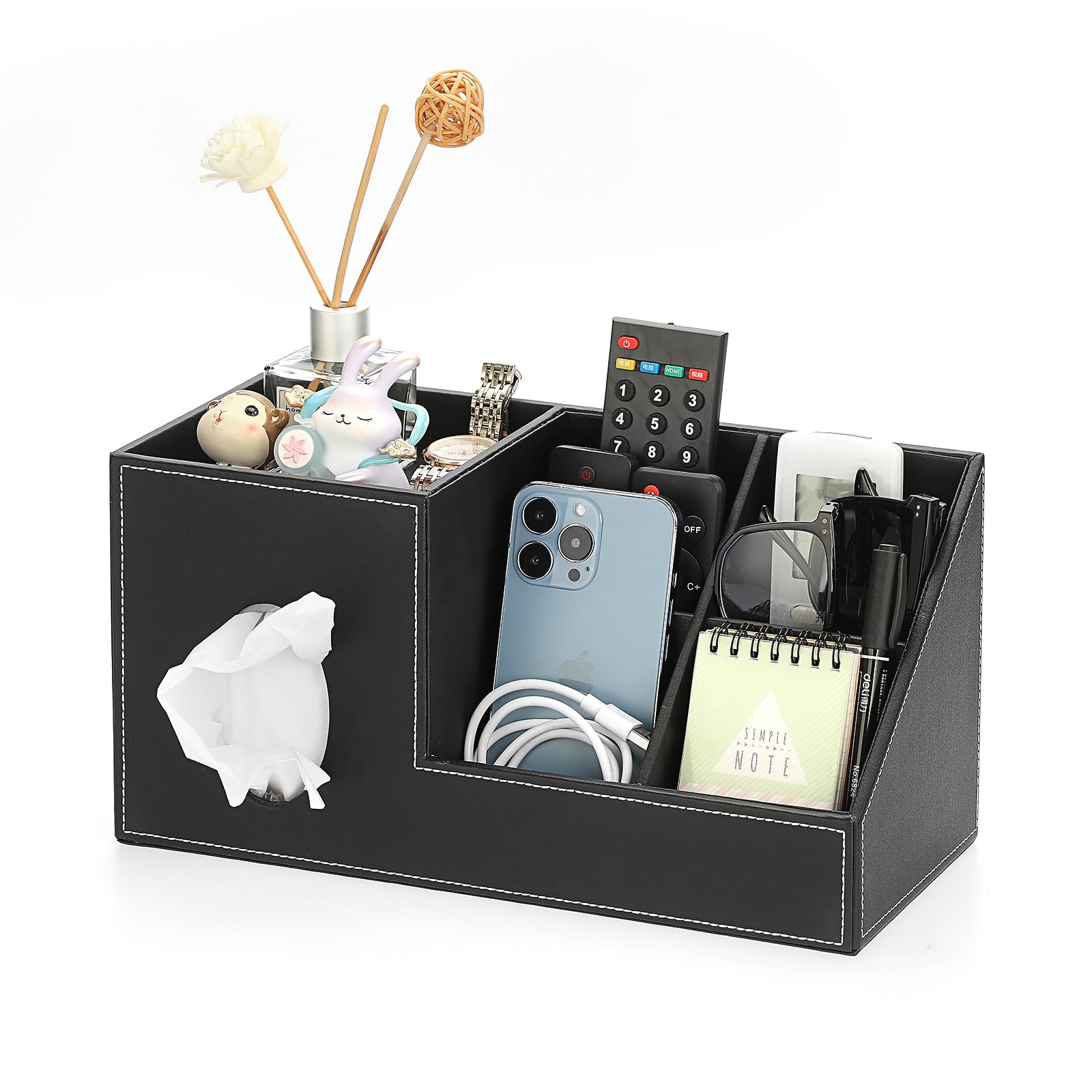 Photo 1 of Sumnacon Tissue Box Cover Square PU Tissue Box Organizer,Leather Tissue Box Cover with Storage,Stylish Tissue Box Holder for Bahtroom Living Room Kitchen Dining Table Desk Office, Black
