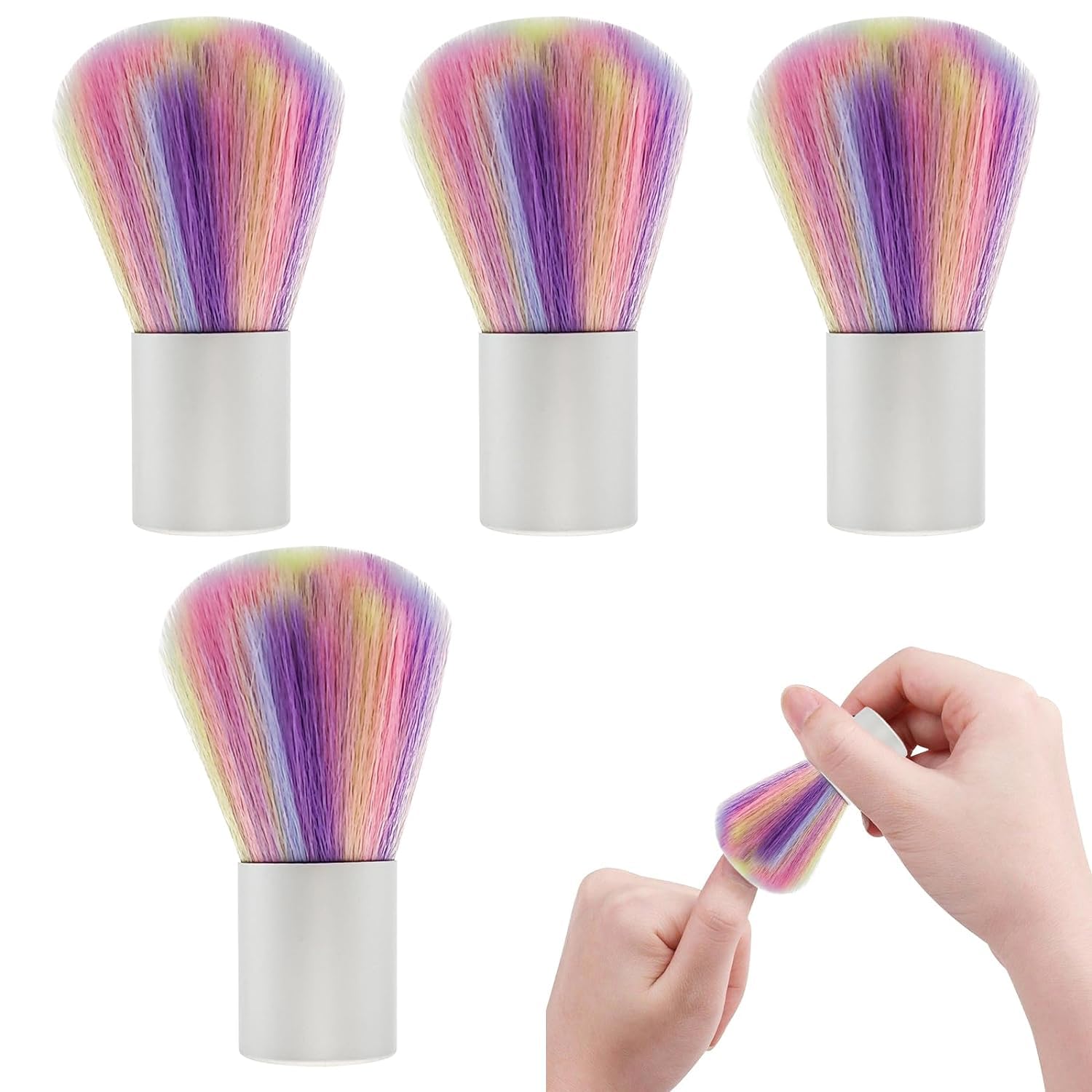 Jaczora 4 PACK Dust Brush for Acrylic Nails, Soft Brush Nail Soft Kabuki Nail Art Dust Powder Remover Brush Hair Dust Cleaner Brush for Makeup Manicure Tool (Rainbow colors)