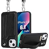 TOOVREN Phone Cover Compatible with iPhone 13 Wallet Case with Lanyard PU Leather Kickstand Wallet Phone Case for iPhone 13 Cases with Card Holder Strap 6.1 inch Black
