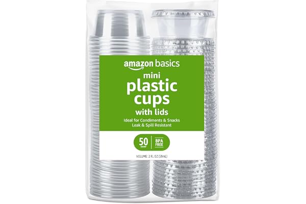 Amazon Basics Disposable Plastic To-Go Cups and Lids, Mini, 2oz, 50 Count, BPA Free, for Condiment, Salad Dressing, Sauces, Jello Shots