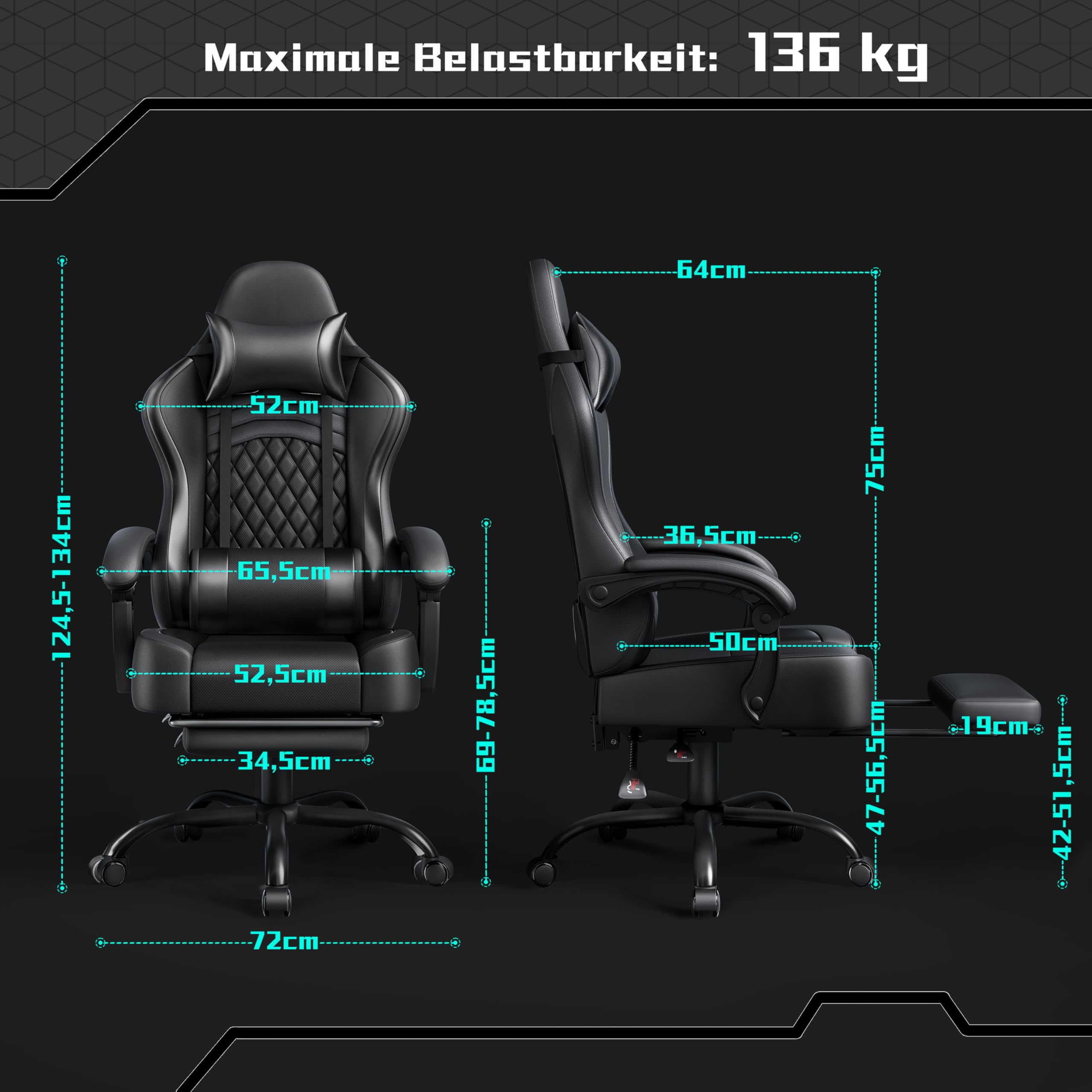 Yaheetech Gaming Stuhl, Ergonomischer Gaming-Stuhl mit Massagefunktion & Ausziehbarer Fußstütze, Verstellbare Rückenlehne, Höhenverstellbar, PC-Stuhl Computerstuhl Drehsessel (Schwarz) 3