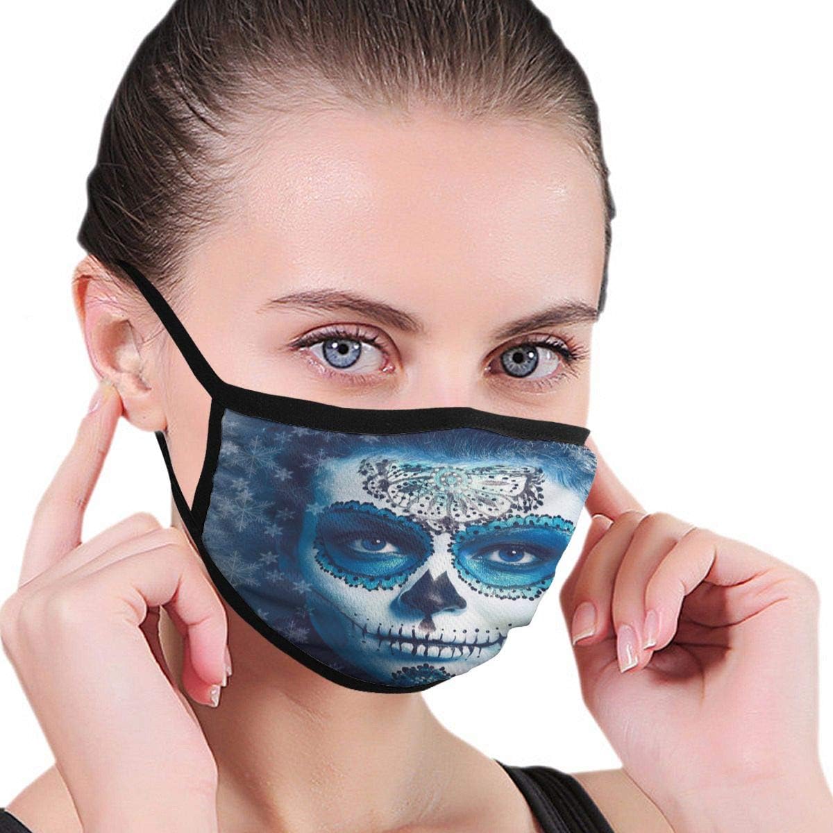 ZUARCENE Sugar Skull Santa Muerte Concept Winter Season Ice Cold Snowflakes Frozen Dead Folkloric Fabric Half Face Mask Mouth Masks with Earmuffs Anti Dust Anti Haze Windproof Mask