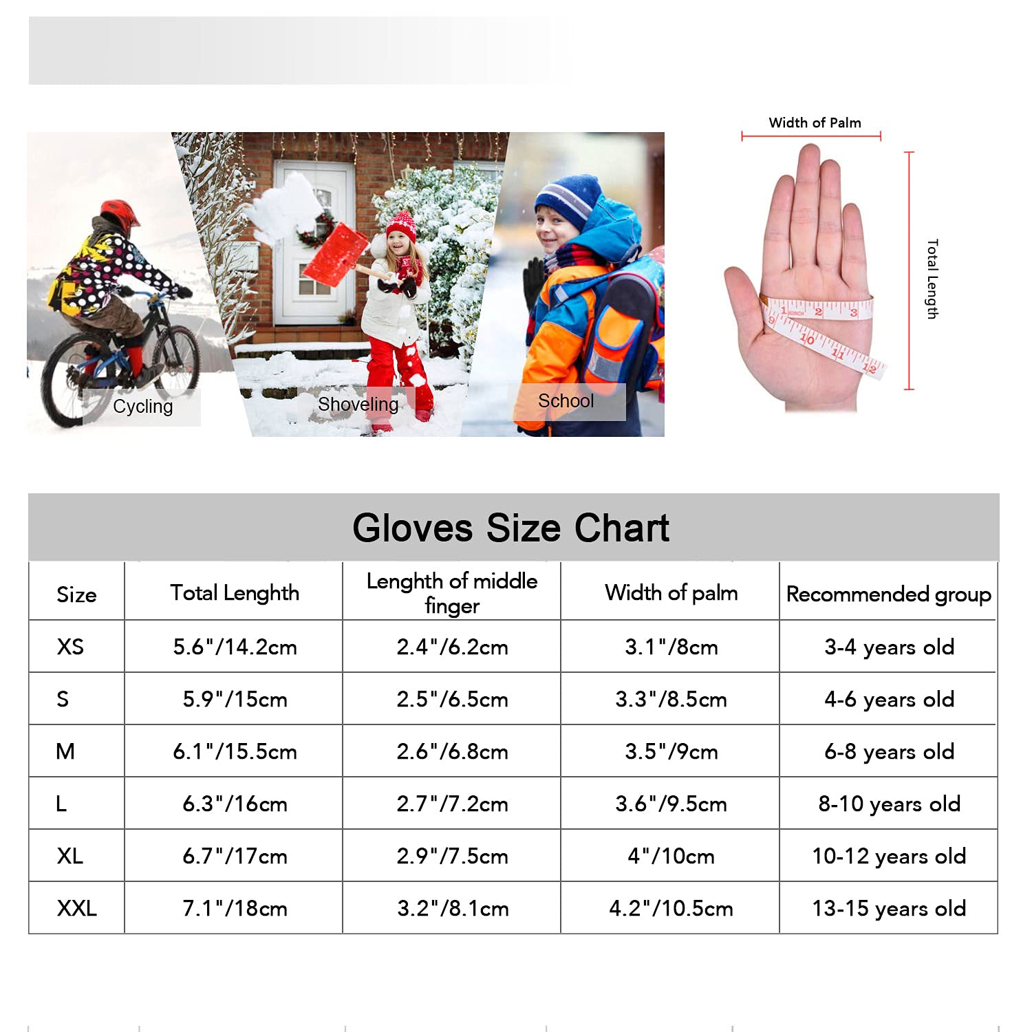 YukiniYa Kids Gloves Winter Waterproof Coating Warm Thick Fleece Touchscreen Anti-Slip for Boys Girls 3-15 Years Cycling School