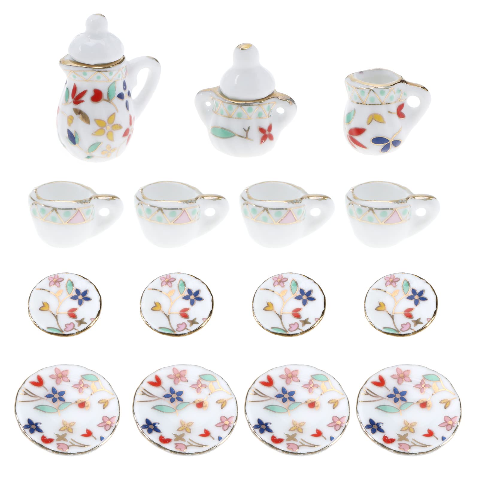 eMagTech 15Pcs 1:12 Mini Porcelain Flower Tea Cup Set Miniature Simulation Furniture Set Mini Flower Pattern Teapot Cup Plates Set Accessories for Doll House Decor