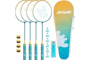 JOY SPOT! Badminton Rackets Set of 4 for Outdoor Backyard Games,Including 4 Rackets, 6 Nylon Shuttlecocks, 4 Replacement Grip Tapes and 1 Carrying Bag, Lightweight Badminton Racquets for Kids Adults Beginners