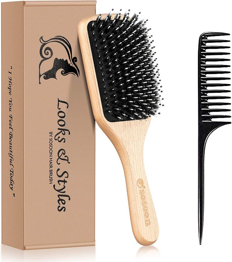 Sosoon Boar Bristle Paddle Hairbrush with Tail Comb Red Long Thick Curly