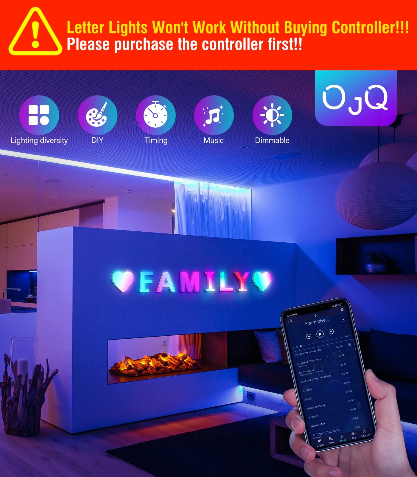 Splicing Letter Game Room Lights - LED Neon Sign Letters, Rainbow Music Sync, App Control, 6 Inch Tall