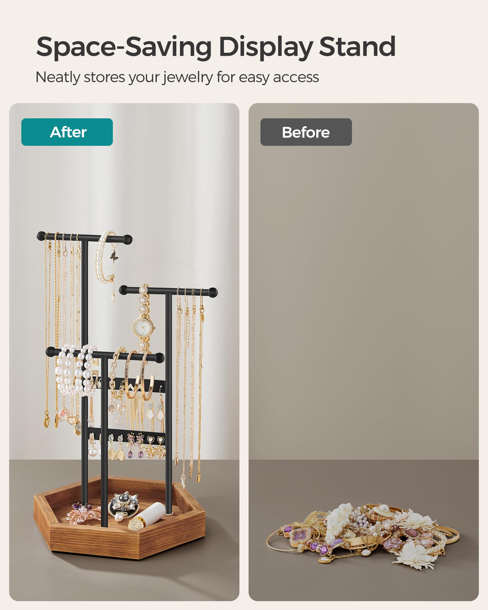 SONGMICS Jewelry Holder, Jewelry Organizer, 3 Tiers and 1 Tray, Jewelry Display Stand with Metal Frame, Necklace Earring Bracelet Holder, for Rings, Christmas Gift, Ink Black and Caramel Brown