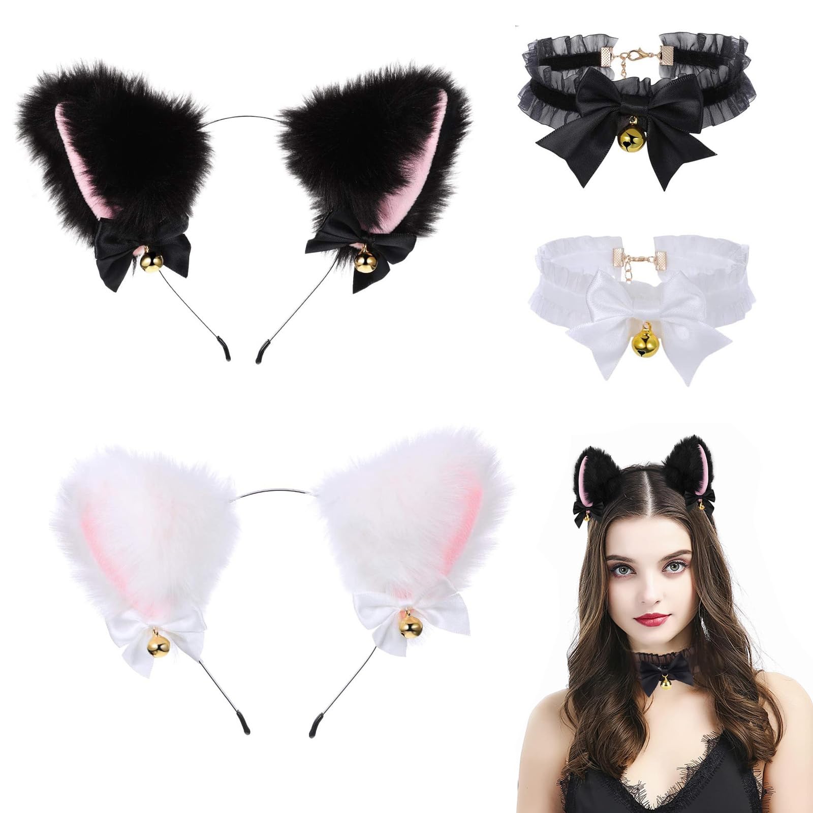 Eowppue 4 Pcs Cat Lady Accessories (Black, White) - 2x Cat Ears Headband +2x Choker Necklaces for Women, Cat Women Accessories with Bells, Plush Cat Ears, Cat Costume for Women, Cat Woman Outfit