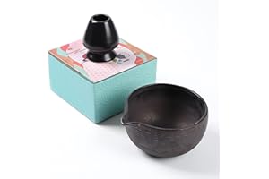 ZENRC Traditional Matcha Bowl with Pouring Spout and Whisk Holder (Reshaper) - Retro Matcha Green Tea Chawan Kit- 22oz Big Salad Porridge Juice Bowl and Chasen Rest (Charming Black)