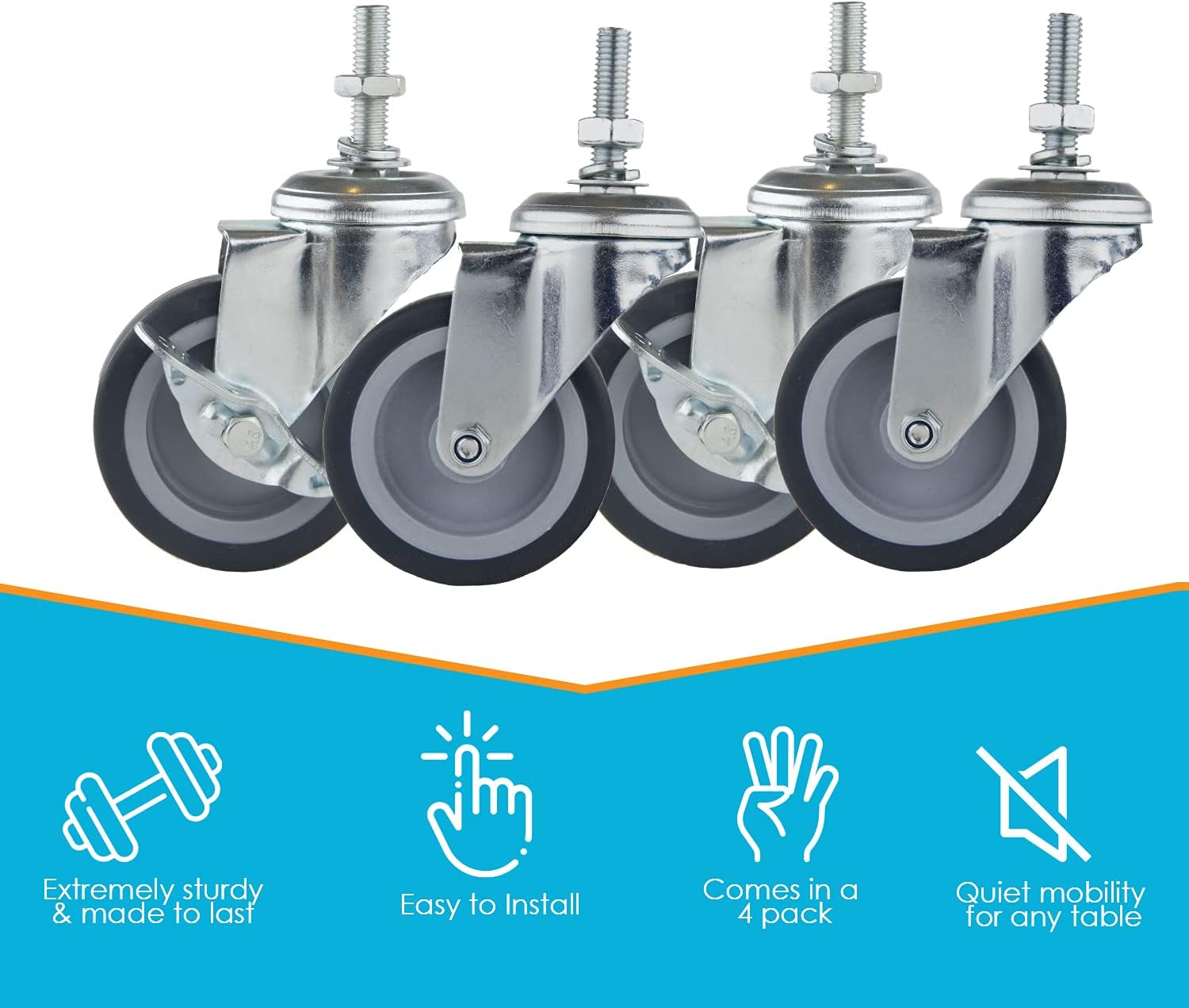 Houseables Caster Wheels, Casters, Set of 4, 3 Inch, Rubber, Heavy Duty, Threaded Stem Mount Industrial Castors, Locking Metal Swivel Wheel, Replacement For Carts, Furniture, Dolly, Workbench, Trolley: Home Improvement