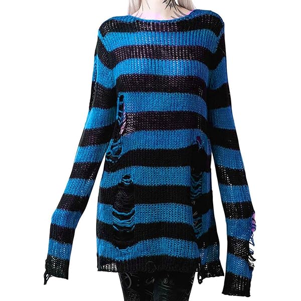 Womens Oversized Striped Ripped Sweater Goth Punk Long