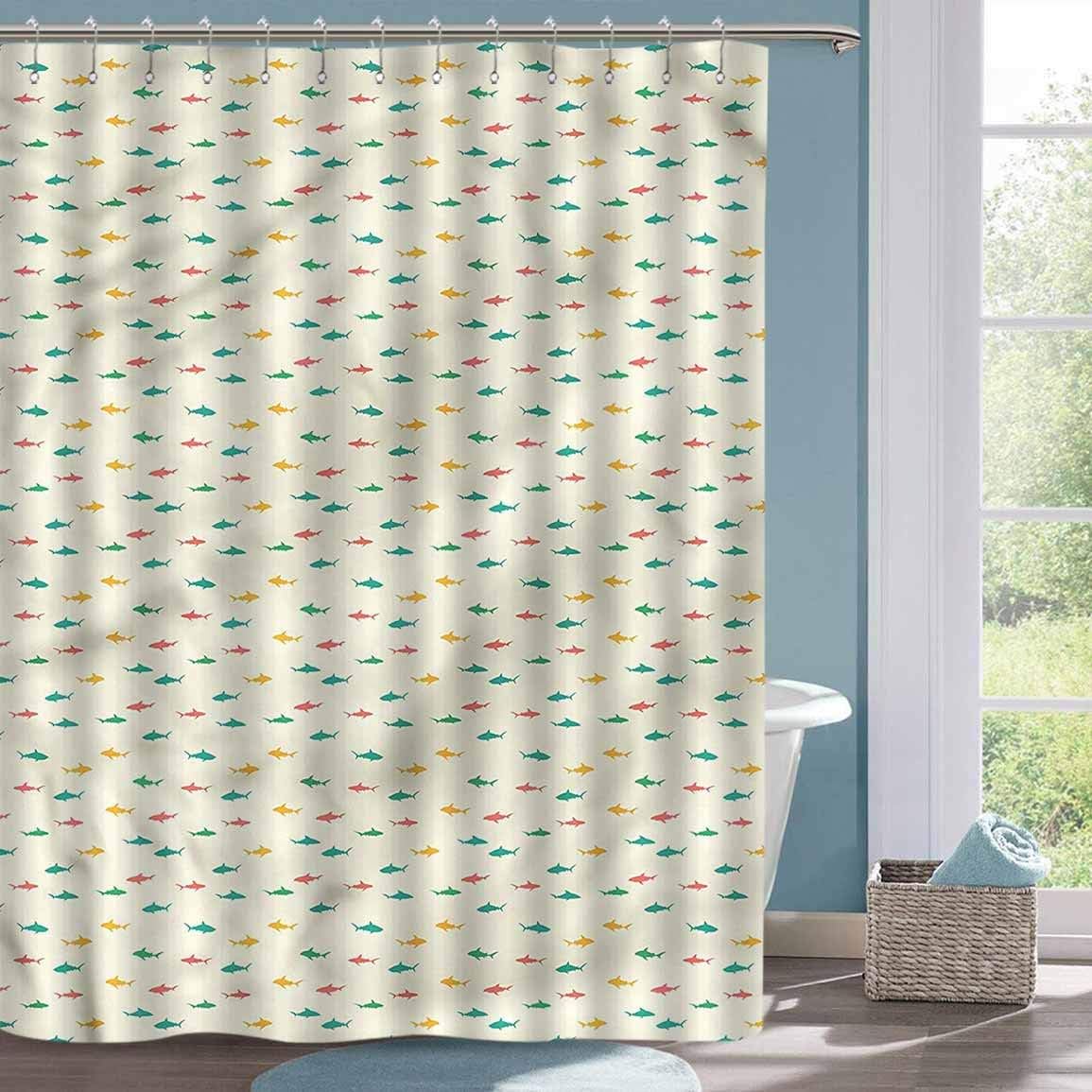 Bathroom Shower Curtain Sets Shark Kids Colorful Wildlife Bathtub Splash Guard W48 xL72