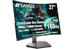SANSUI 27 Inch Curved 160Hz Gaming Monitor, 1500R Curved Computer Gaming Monitor FHD 1080P, 4000:1, 110% sRGB, FPS/RTS, 1Ms MPRT|FreeSync|HDR|Low Blue Light|HDMI DP| VESA Support, HDMI Cable Incl.