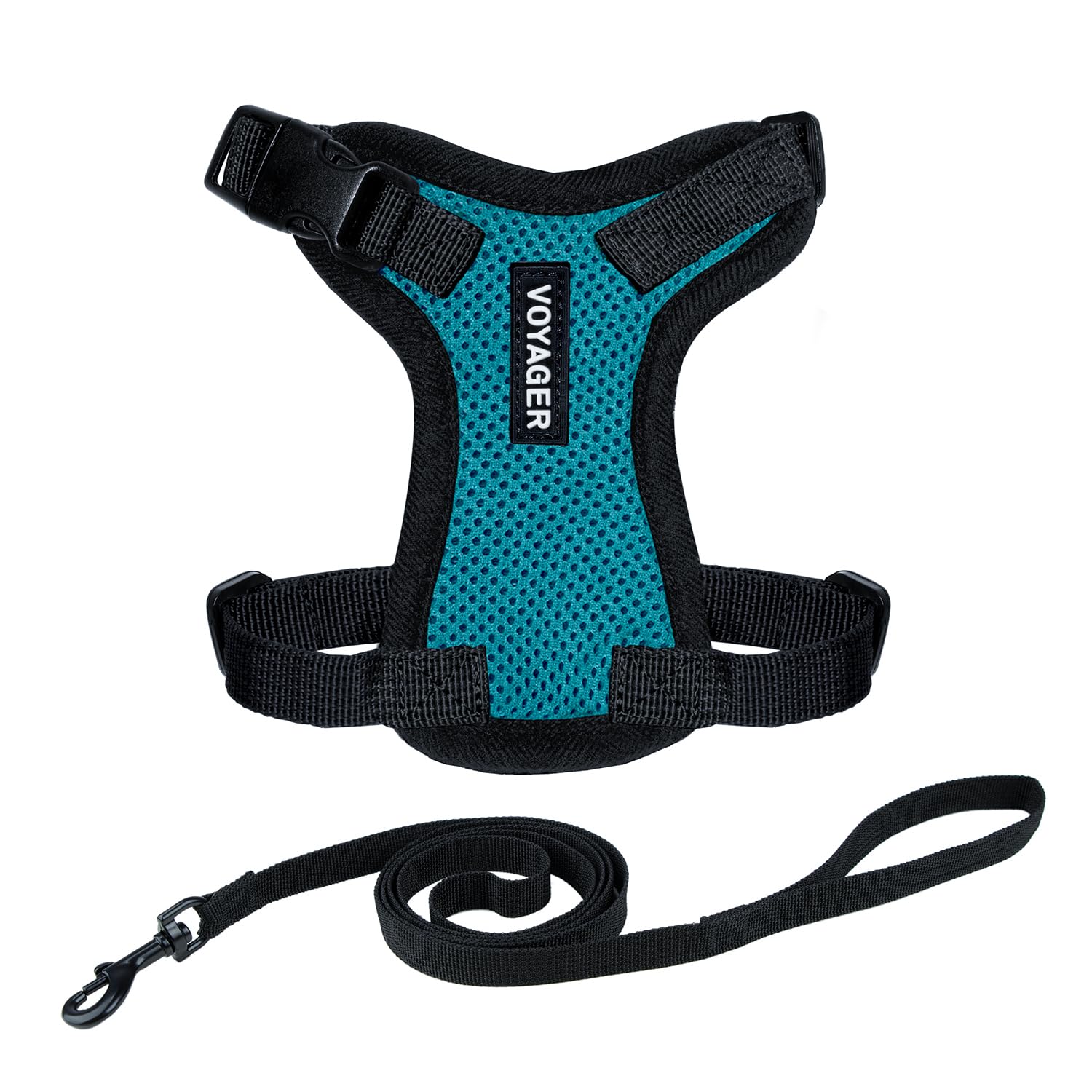 Voyager Step-in Lock Cat Harness and Reflective Cat Leash with Neoprene Handle by Best Pet Supplies - Supports Small, Medium and Large Breed Cats, Turquoise/ Black Trim, size XXXS - 5ft