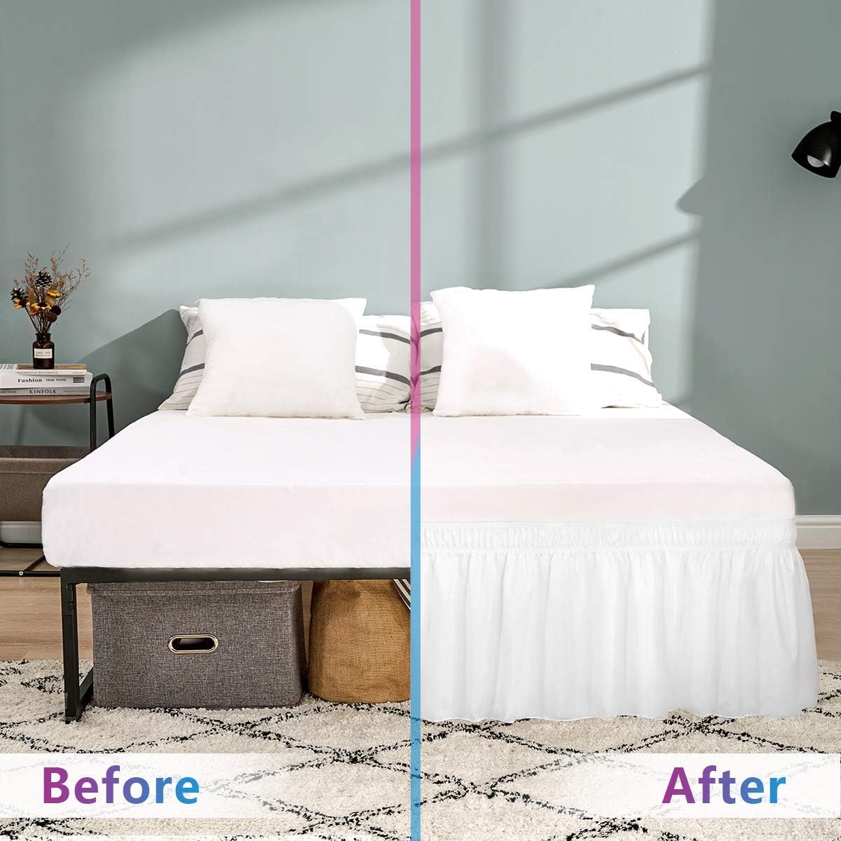 RIMELA Bed Skirt Wrap Around Elastic Dust Ruffle Solid Color Wrinkle and Fade Resistant with Adjustable Elastic Belt Easy to Install White for Queen Size 15 Inch Drop: Kitchen & Dining