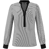 winkbay Women's Striped Print Tops V Neck Long Sleeve Business Casual Blouses