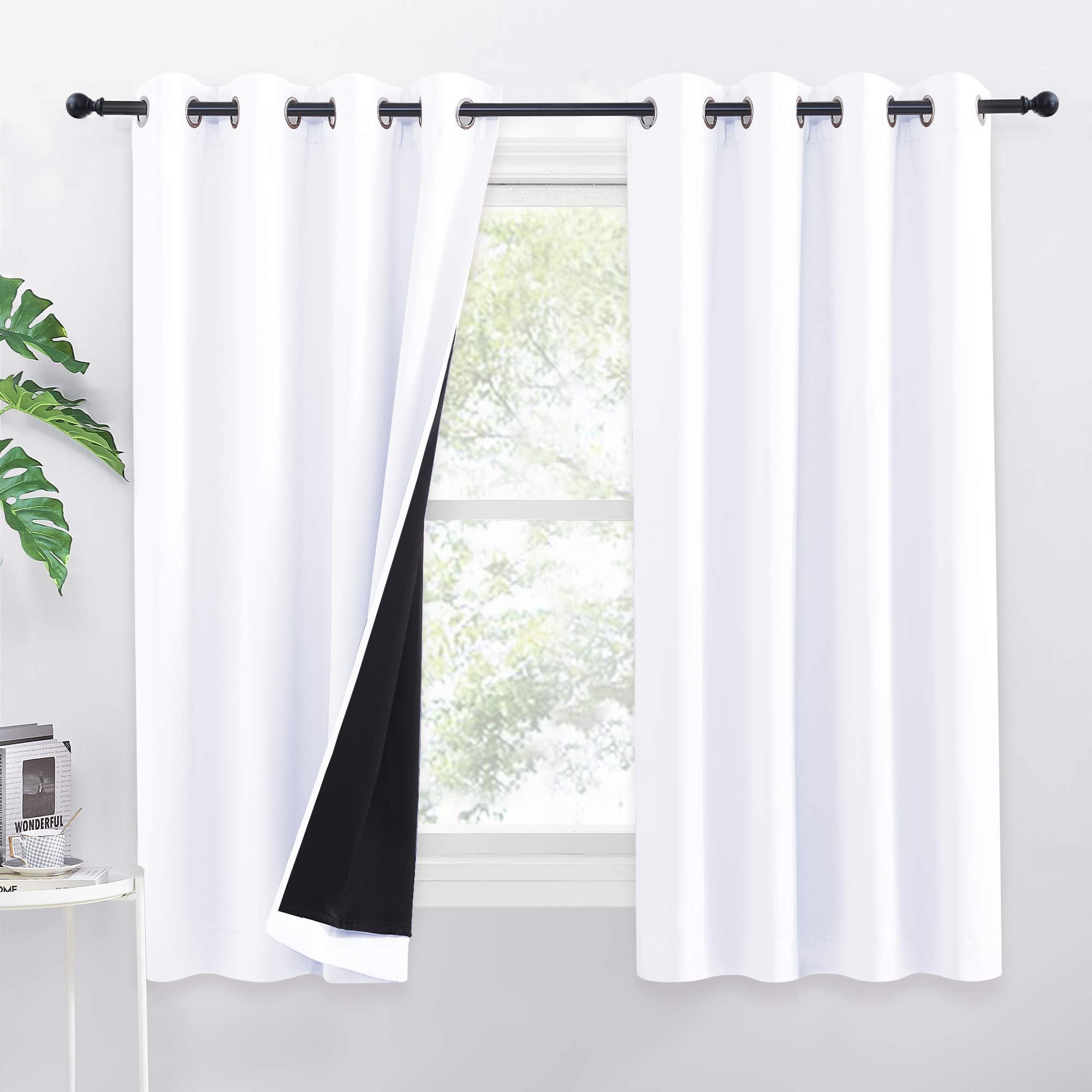 PONY DANCE 100% Blackout Curtains with Liner - Double-Layer Thermal Insulated 52x54 Inch Bedroom Curtains, Energy Saving & Noise Reducing, White Eyelet Window Drapes (Set of 2 Panels)